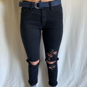 Embroidered Black Floral Jeans